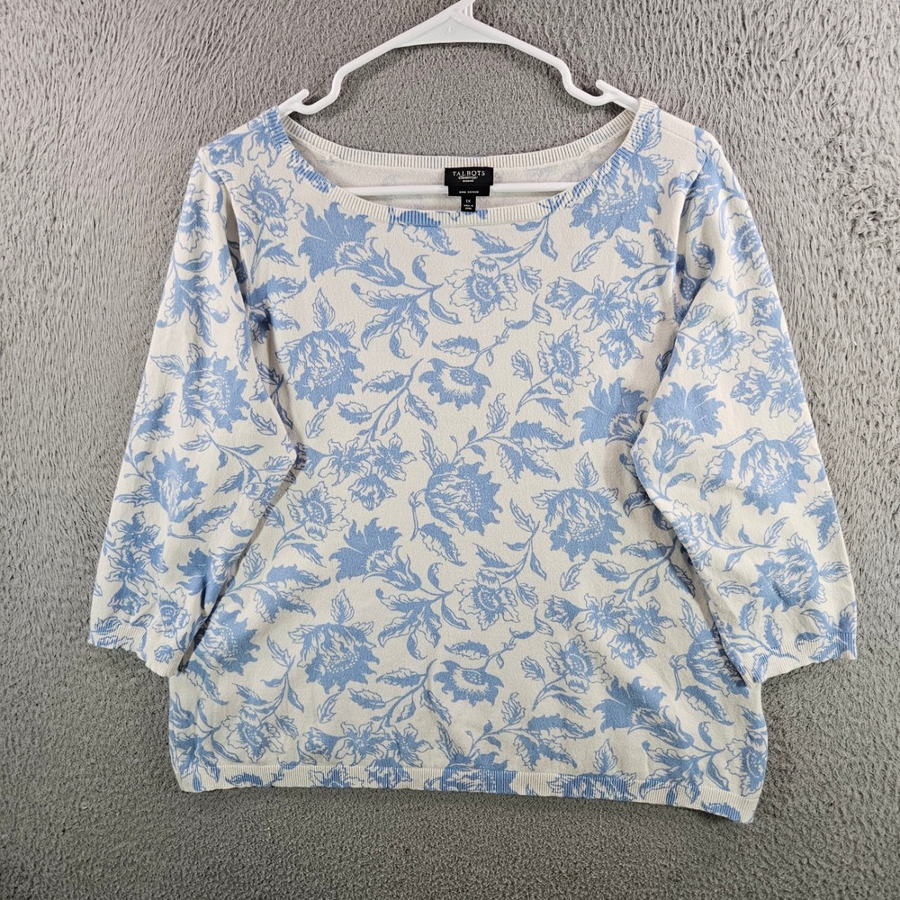 Talbots Woman Floral Pima Cotton Sweater Blue White Boat Neck 3/4 Sleeve 1X